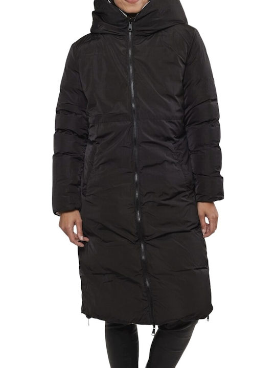 Women's Long Puffer Jacket Double Sided for Winter with Hood Graphite