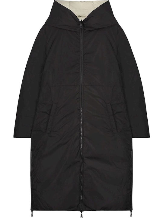 Women's Long Puffer Jacket Double Sided for Winter with Hood Graphite