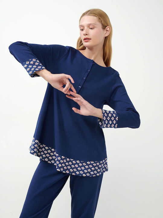 Vamp Winter Damen Pyjama-Set Baumwolle Blue