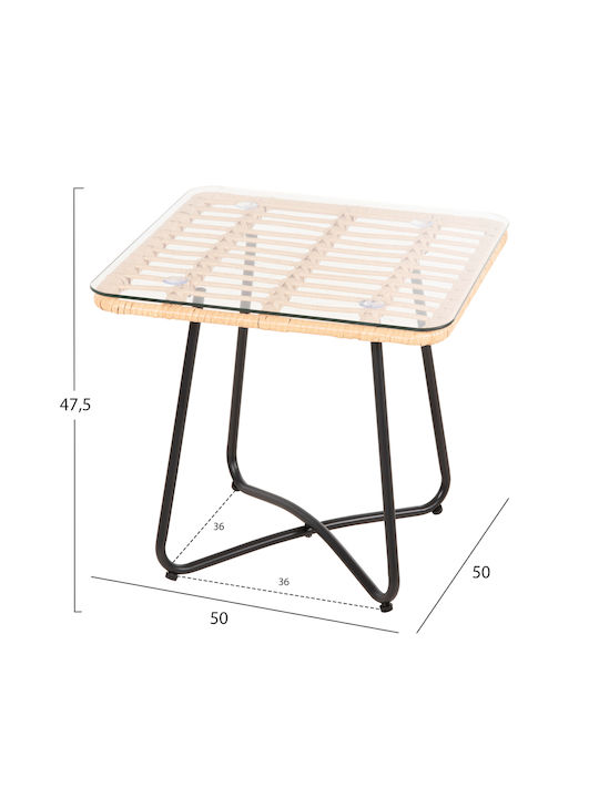 Gerry Auxiliary Outdoor Table with Glass Surface and Metal Frame Natural 50x50x47cm