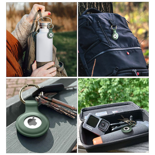 Protection Airtag Silicone Gel Raised Contour Antichoc Ring Carabiner Green