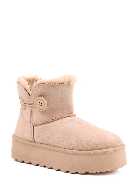 Beige Flat Ankle Boots with Fur Decorative Buckle