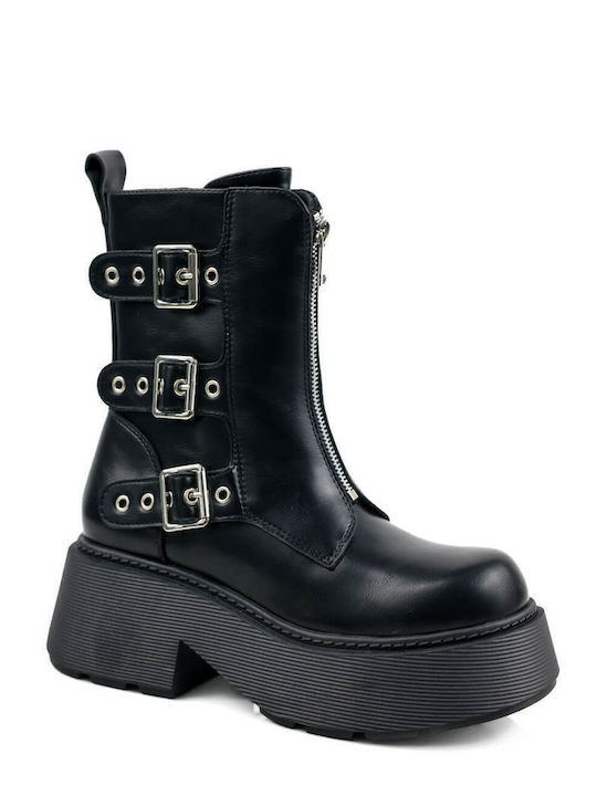 Black Platform Ankle Boots with Triple Buckle