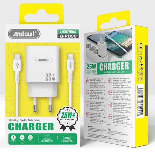 Andowl Φορτιστής με Θύρα USB-A και Θύρα USB-C και Καλώδιο USB-C - Lightning 25W Λευκός (Q-PD99)