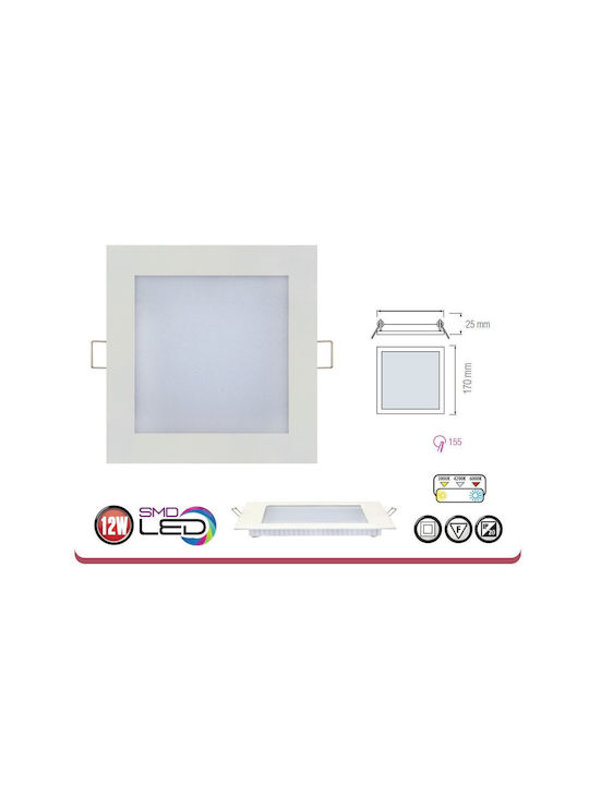 Panou LED Pătrat Slim/sq-12 12 W Putere 6000 K 660 Lm
