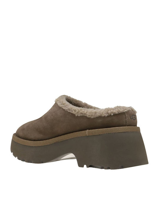 New Heights Cozy Clog Χειμερινές Γυναικείες Παντόφλες με Γούνα Καφέ