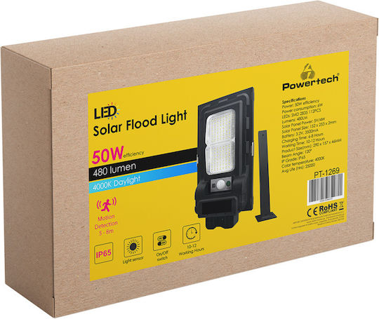 Powertech Wandmontiert Solarleuchte 50W 480lm Natürliches Weiß 4000K mit Bewegungssensor und Fotokontakt IP65