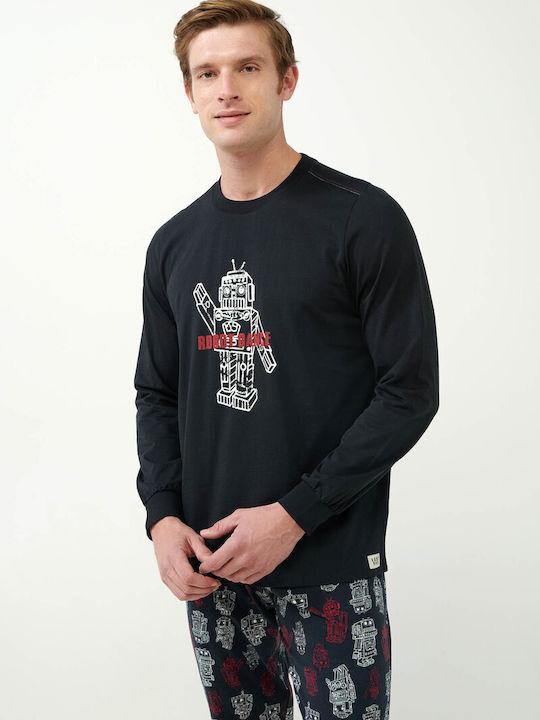 Vamp Men's Cotton Pyjamas with Crew Neck & Robot Dance Design Blue Caviar