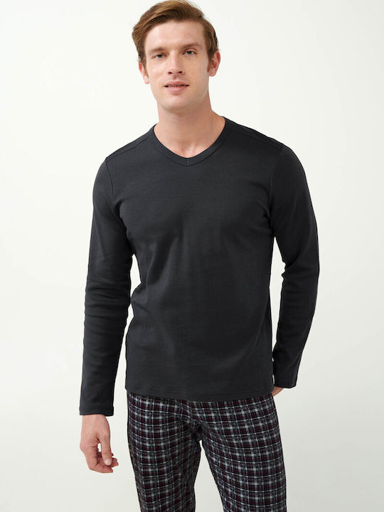 Vamp Men's Cotton Pajamas V-Neck & Plaid Pants Dark Gray