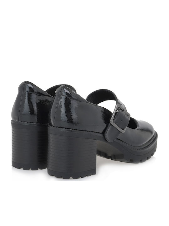 Patent Leather Black Medium Heels with Strap