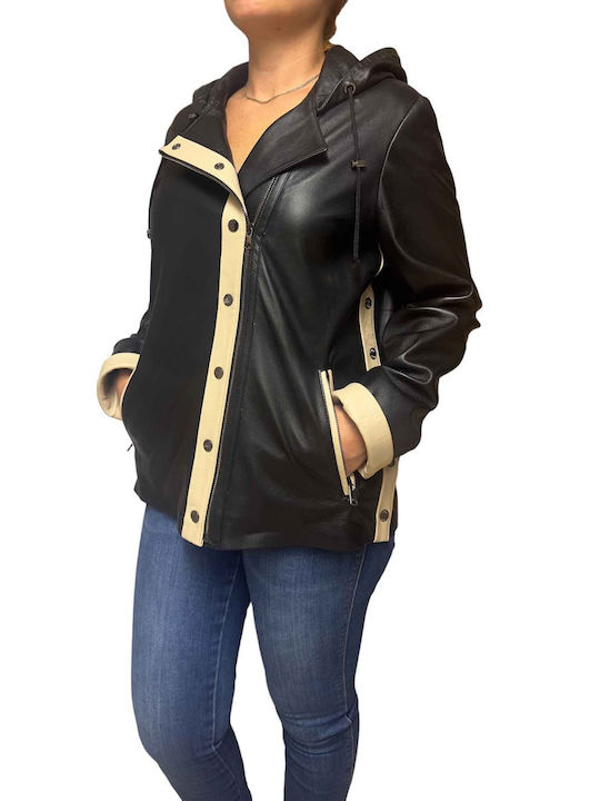 MARKOS LEATHER Women's Short Lifestyle Artificial Leather Jacket for Winter with Hood Black