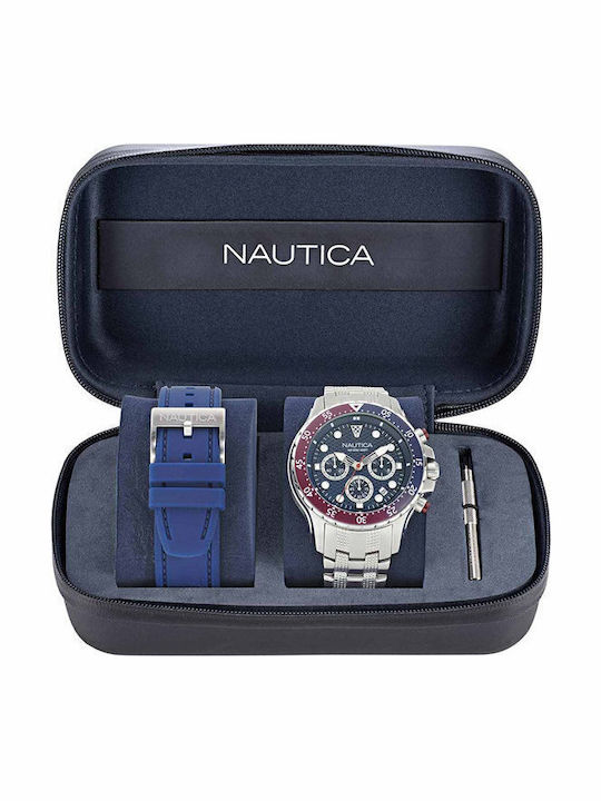 Nautica Ανδρικό Ρολόι 44mm Χρονογράφος Μπαταρίας με Ασημί Μεταλλικό Μπρασελέ
