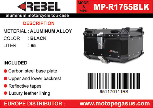 Rebel Aluminium Motorcycle Top Case 65lt Black