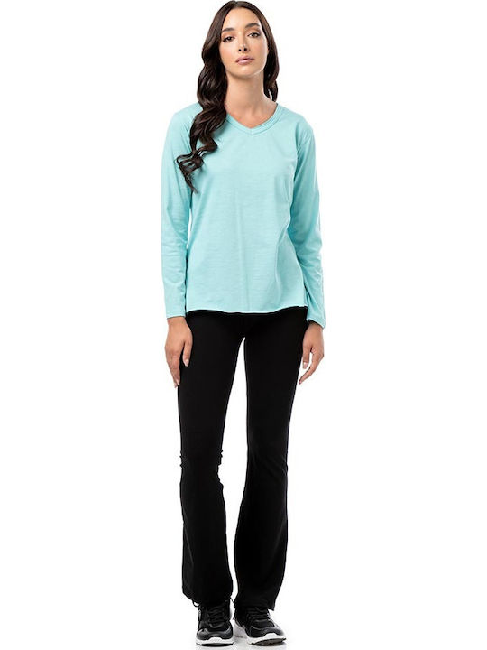Women's Athletic Blouse Long Sleeve with V Neckline Light Blue