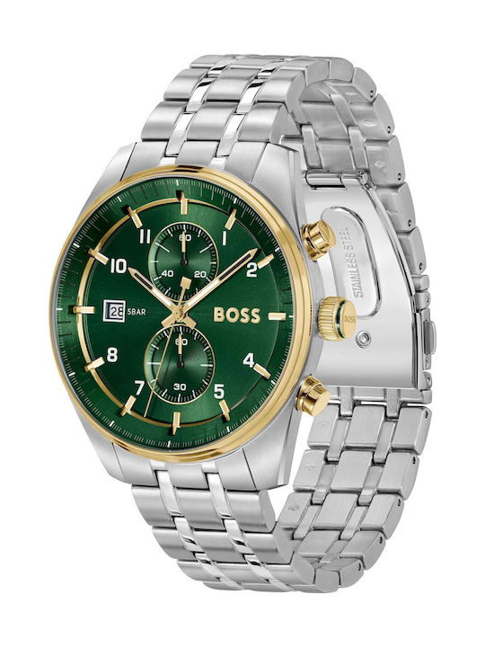 Boss Skytraveller Ανδρικό Ρολόι 44mm Χρονογράφος Μπαταρίας με Ασημί Μεταλλικό Μπρασελέ