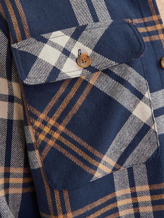 Melange Long Sleeve Cotton Overshirt In Regular Fit Checked Night Sky Multi