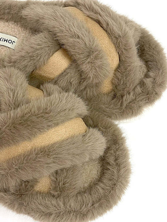 Ustyle Winter Women's Slippers with fur in Brown color