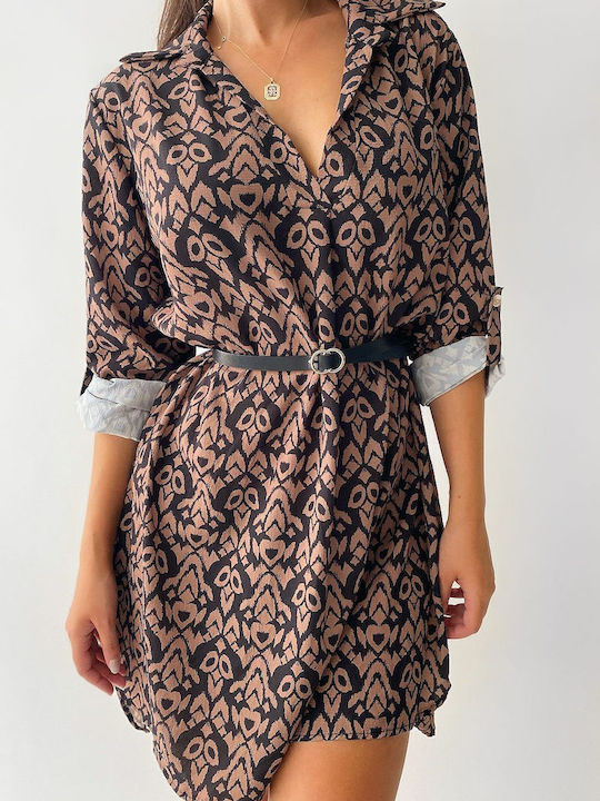 Evie Brown Printed Asymmetric Dress with Belt