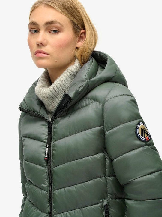 Superdry Fuji Women's Short Puffer Jacket for Winter with Hood Stormy Weather Blue