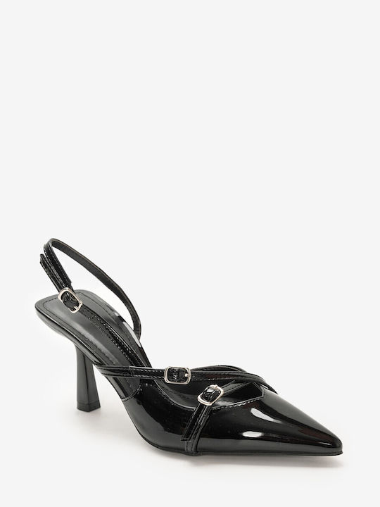 Alta Moda Patent Leather Pointed Toe Black Heels with Strap