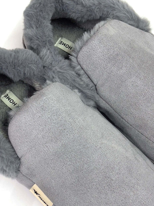 Ustyle Heel Enclosed Men's Slippers with Fur Gray