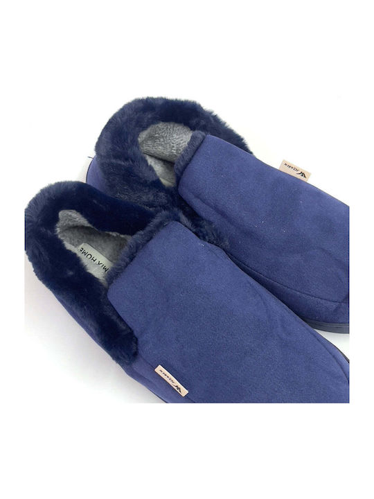 Heel Enclosed Men's Slippers with Fur Blue