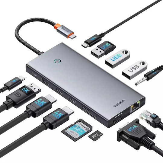 Baseus HUB PortalJoy Series USB-C Docking Station with HDMI/DisplayPort 4K PD Ethernet and Support for 4 Monitors Gray