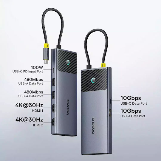 Baseus Metal Gleam Series II 7in1 USB-C Stație de andocare cu HDMI 4K PD Ethernet și conexiune 2 monitoare Argintiu