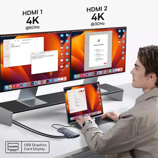 Baseus Metal Gleam Series II 7in1 USB-C Stație de andocare cu HDMI 4K PD Ethernet și conexiune 2 monitoare Argintiu