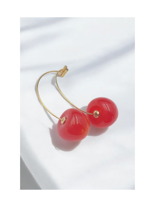 Steel Earrings Gold Hanging Cherry Light Red Color