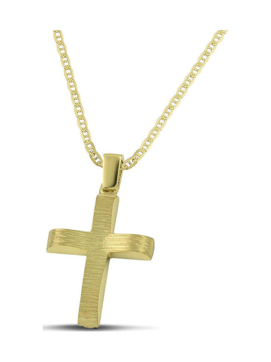 Themelidis Jewels Ανδρικός Χρυσός Σταυρός 14Κ Διπλής Όψης με Αλυσίδα