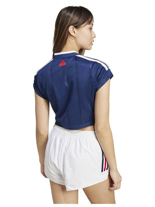 Adidas Tiro 3-stripes Women's Athletic Crop Top Short Sleeve with V Neckline Blue