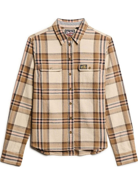 Lumberjack Flannel Μακρυμάνικο Γυναικείο Πουκάμισο Beige, Cream Καρό