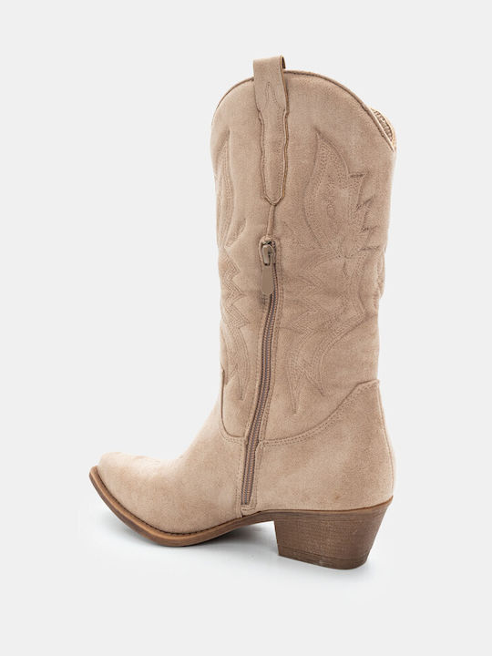 Luigi Suede Medium Heel Cowboy Boots Beige