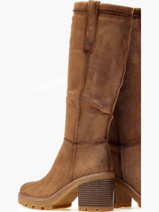 Wildleder Damenstiefel mit hohem Absatz Camel