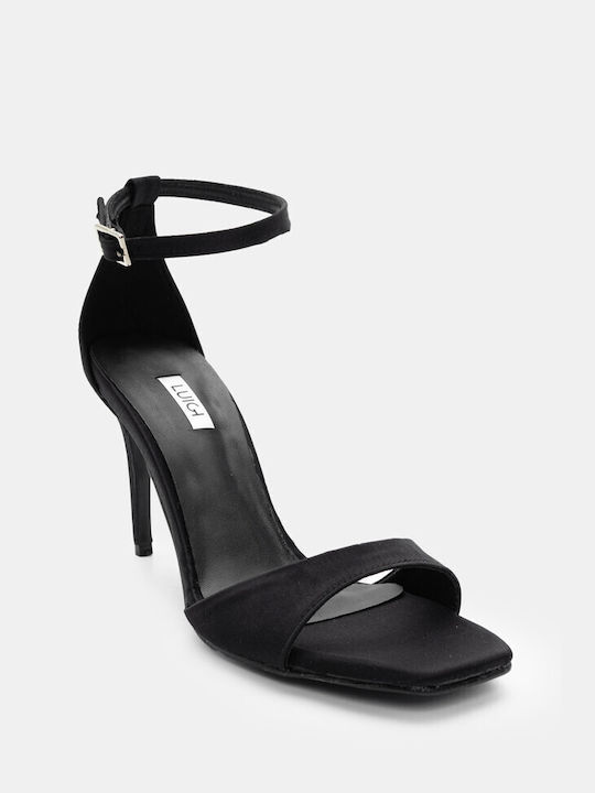 Luigi Fabric Women's Sandals with Ankle Strap Black with High Heel