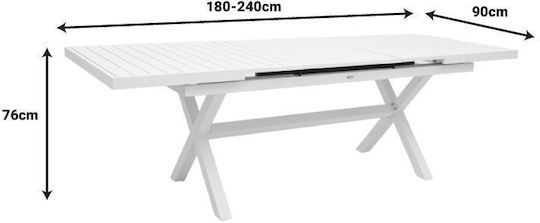 Dagyn Outdoor Dinner Extendable Table with Wood Surface and Aluminum Frame White 180(+60)x90x76cm