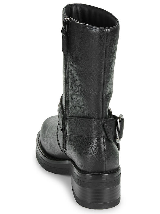 Leather Women's Biker Boots with Medium Heel Black