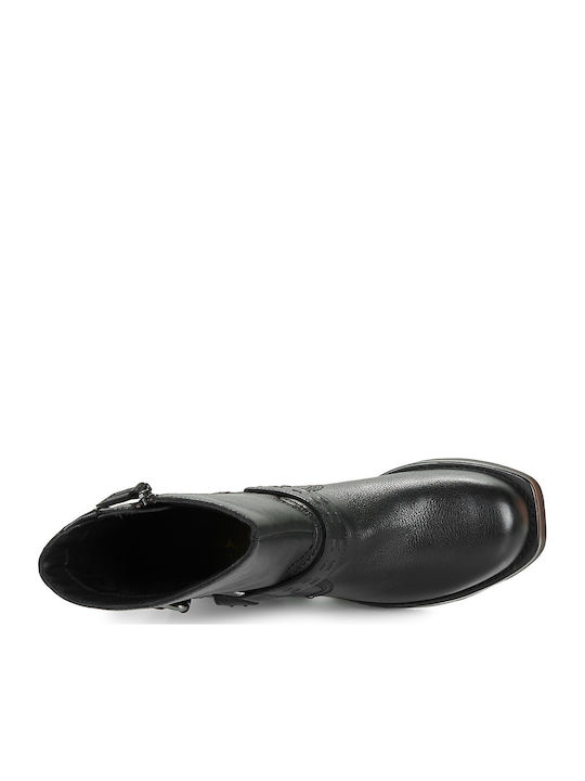 Leather Women's Biker Boots with Medium Heel Black