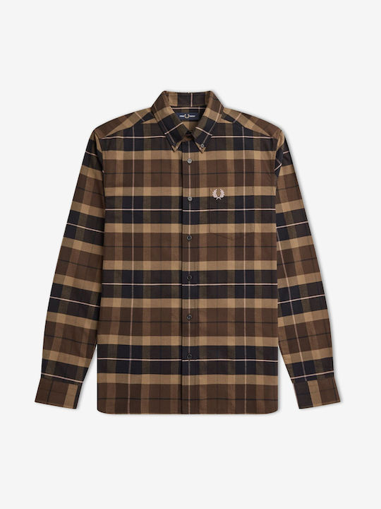 Fred Perry Men's Shirt Long Sleeve Cotton Checked Burnt Tobacco