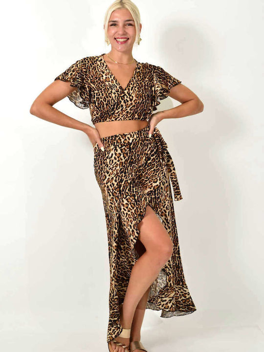 Potre Set with High Waist Skirt Leopard in Brown color