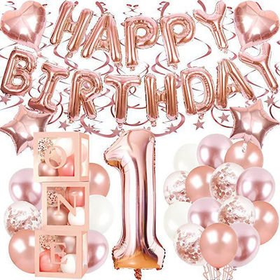 1st Birthday Balloon Set Girls One Happy Birthday Banner 3 Decorative Accessories 60 Latex Balloons 2 Heart-shaped 2 Star-shaped Foil Balloons Number 1 3 Decorative Boxes