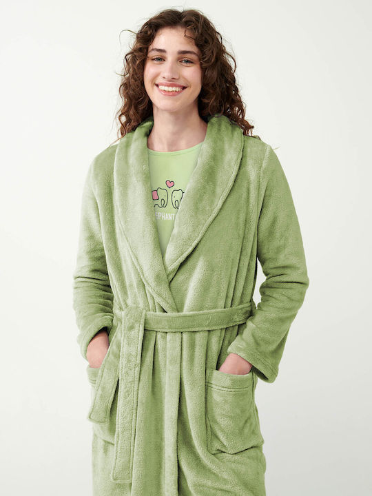 Vamp Χειμερινή Γυναικεία Fleece Ρόμπα Green Foam