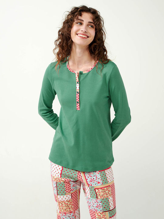 Vamp Winter Damen Baumwolle Pyjama-Oberteil Green Barley