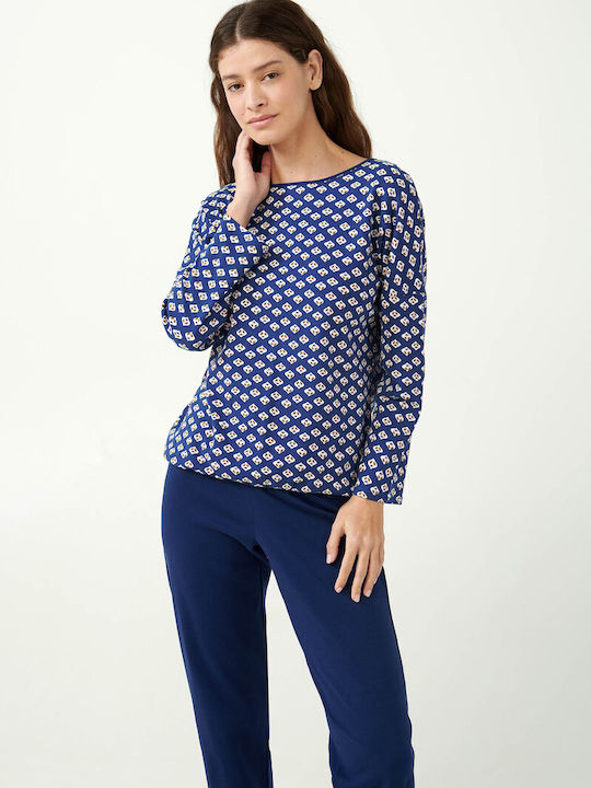 Vamp Winter Damen Baumwolle Pyjama-Oberteil Blue Print