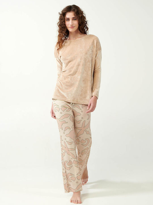 Vamp Winter Damen Samt Pyjama-Oberteil Beige