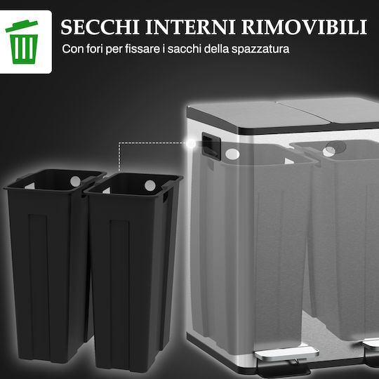 HomCom Πλαστικός Κάδος Ανακύκλωσης με Πεντάλ 2x20lt Ασημί