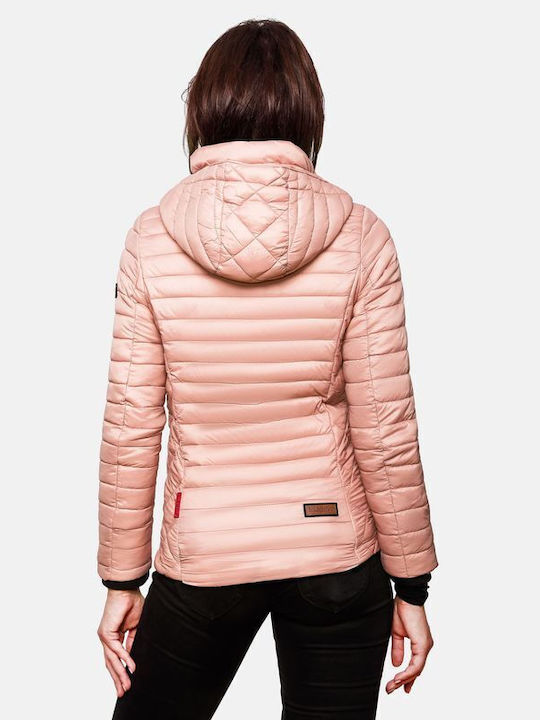 Marikoo Women's Short Lifestyle Leather Jacket for Spring or Autumn with Hood Powder Rose