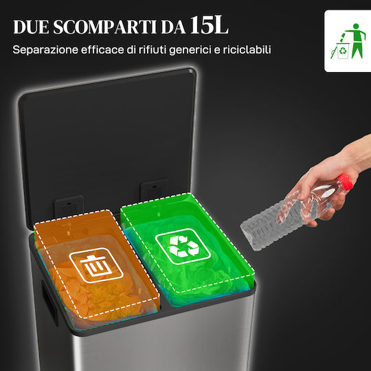 HomCom Coș De Gunoi Pentru Reciclare Din Oțel Inoxidabil Cu Pedală 15lt Argintiu