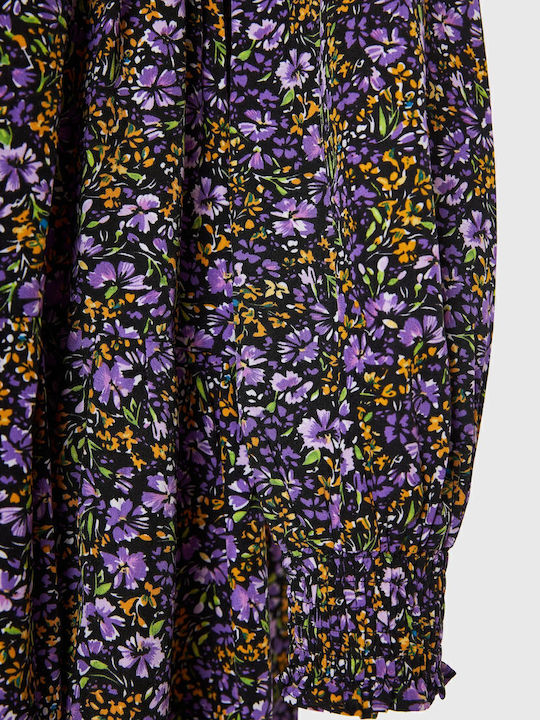 Midi Shirt Dress with Ruffles Royal Lilac Multi